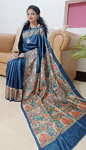 Handloom Tussar Silk Saree |  Hand - Painted |  Madhubani Art |  Handwoven | Blue | Pure Silk Saree