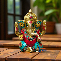 Brass Ganesha Statue with Multicolour Stone Work