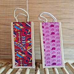 Handcrafted Jute Bottle Bag with Kutch Embroidery Set of 2 I Height 14cm * weight 5 cm