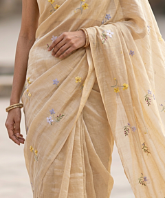 Cream Beige Mulmul Cotton Saree with Multi-Color Floral Embroidery - Premium Soft Summer Drape