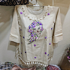 Hand Embroidered Pure Cotton Short Top| Cream