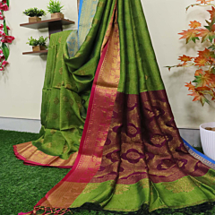 Neon Green Bengal Handloom Katan Silk Zari Emboss Saree