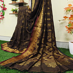 Brown Bengal Handloom Katan Silk Zari Emboss Saree