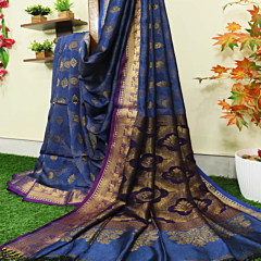 Deep Sky Blue Bengal Handloom Katan Silk Zari Emboss Saree