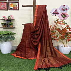 Rust Paisly Buta Organic Linen Jamdani Saree