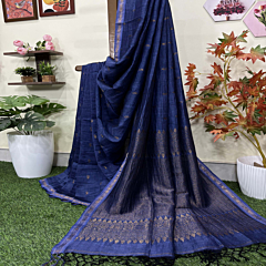 Blue Paisly Buta Organic Linen Jamdani Saree