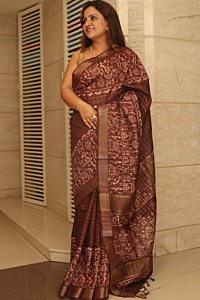 Brown Kota Mangalgiri Silk Saree with Discharge Print & Blouse - Bhagalpur Special