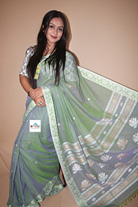 ARBEE Pure Handloom Cotton Jamdani Lotus Motif  Duel Tone Color Lavender with Green Saree with Blouse Piece, Wide Lotus Design Border, Attached Unstitched Blouse Piece