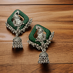  Trendy Silk Oxidised Peacock Jhumka Earrings - Green