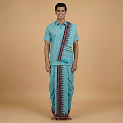 Handwoven Sambalpuri Cotton Dhoti Gamucha Joda Set|Turquoise