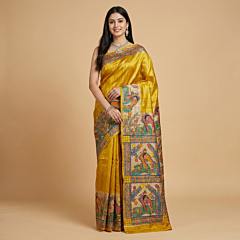 Handcrafted Madhubani Painting Silk Saree | Yellow 