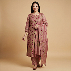 Khadi Cotton Embroidered Unstitched Suit Piece Set | Rose Pink