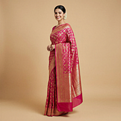 Handloom Banarasi-Bandhani Khadi Silk Saree | Pink