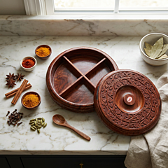 Hand-Carved Sheesham Wood Spice Box | 8 Inches