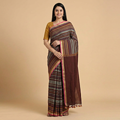 Handloom Striped Cotton Saree | Coffee Brown