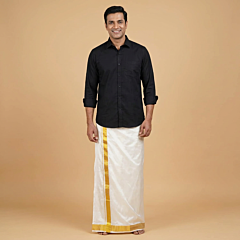 Handcrafted Salem Handloom Silk Dhoti with Tower Zari Border| Cream 