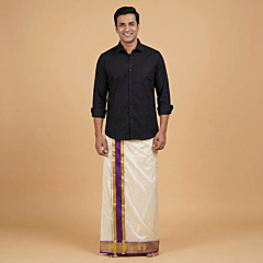 Handloom Salem Silk Tower Border Dhothi |Cream