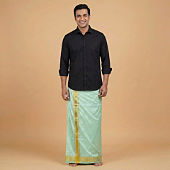 Handloom Pure Silk Wide Stripe With Golden Zari Dhoti| Mint Green