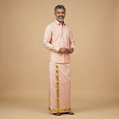 Handloom Silk Dhoti with Golden Zari Kulikai Border|Light Pink 