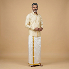 Handloom Silk Dhoti with Golden Zari Kulikai Border|White