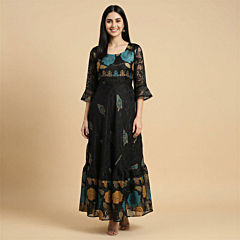 Hand-Block Print Black Long Dress | XL