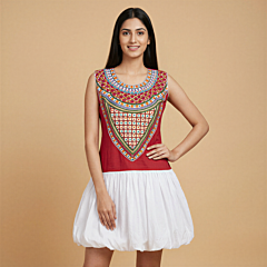 Hand-Embroidered Cotton Balloon Dress | Deep Red | XL