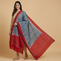 Handwoven Single Ikat Sambalpuri Cotton Dupatta | Grey & Red