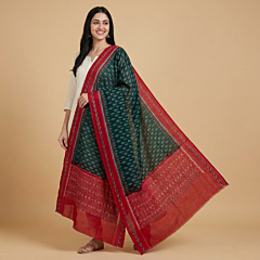 Handwoven Single Ikat Sambalpuri Cotton Dupatta | Green & Red