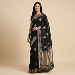  Handloom Banarasi  Kadwa Silk Saree with Antique Sona Rupa Leaf Motifs| Black