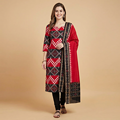 Handwoven Sambalpuri Double Ikat Cotton Suit | Red & Black
