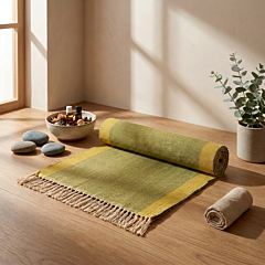 Handwoven Cotton Yoga Mat | 200 X 80 X 0.5 cm | Green & Mustard