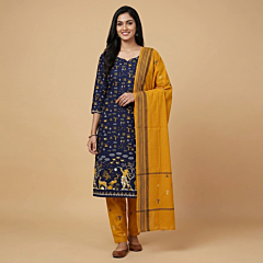 Handwoven Sambalpuri Ikat Suit Set | Blue & Yellow