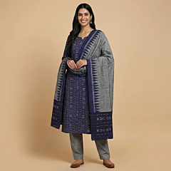 Handwoven Sambalpuri Ikat Suit Set | Blue & Grey