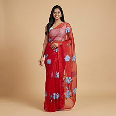 Handcrafted Floral Print Organza Saree | Red