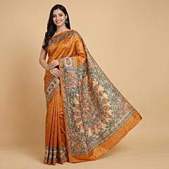 Hand-Painted Madhubani Art Tussar Silk Saree | Orange