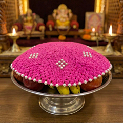 Handcrafted Crochet Thali Cover with Pearl Accents|Rani Pink