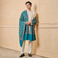 Handwoven Pure Pashmina Neem Jamavar Shawl with Fine Sozni Work | Teal 