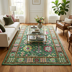 Hand-Tufted Green Floral Woollen Rug | 8x10 Feet