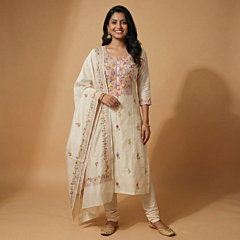 Hand-Embroidered Heritage Chanderi Cotton Suit Set with Dupatta