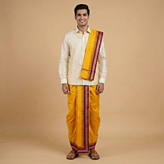Handwoven Sambalpuri Silk Dhoti Gamucha Joda Set with Maroon Border | Yellow