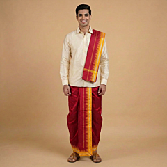 Handwoven Sambalpuri Silk Dhoti Gamucha Joda Set with Yellow Border | Red