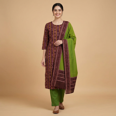 Handwoven Sambalpuri Single Ikat Cotton Suit | Lime Green & Maroon