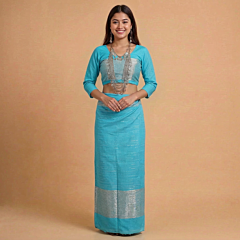 Handwoven Tripura Pachhra Set with Silver Zari Border |Turquoise