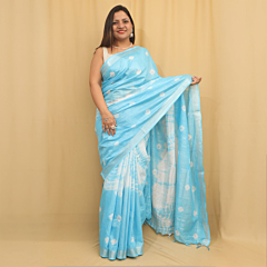 Semi-Linen Shibori Design Saree with Blouse | Light Blue