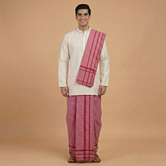 Handwoven Sambalpuri Cotton Dhoti Gamucha Joda Set | Pink
