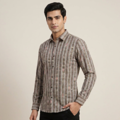 Handwoven Single Ikat Sambalpuri Shirt Material | Olive & Off-White