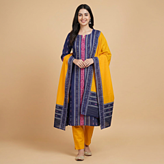 Handwoven Sambalpuri Single Ikat Cotton Suit | Yellow & Navy