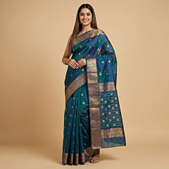 Dhoop Chaon Chanderi Silk Saree with Zari Border | Teal Blue