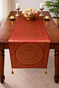 Premium Banarasi Brocade Silk Table Runner -Ethnic Mandala Design  16 x 72 inches - 6 Ft Long - Maroon