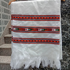 Kullu Handloom White Stole with Traditional Kullu Three Patti Orange Border 